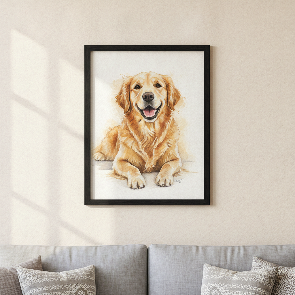 Watercolor custom pet portrait of a golden retriever, framed on a wall