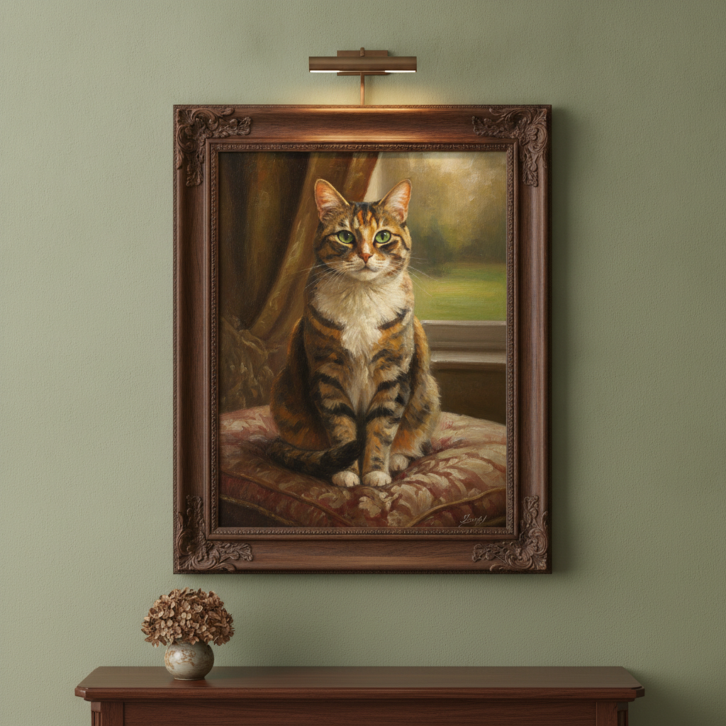 Oil painting pet portrait in a walnut frame