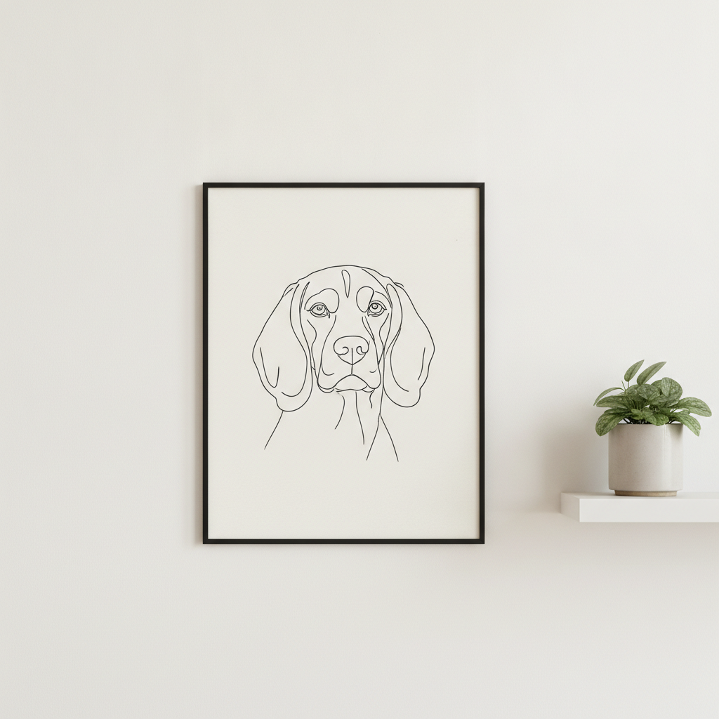 Modern line-art pet portrait of a beagle in a black frame
