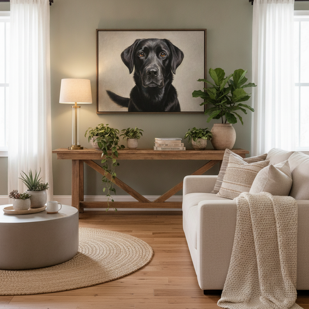 Framed canvas pet portrait as a living room centerpiece