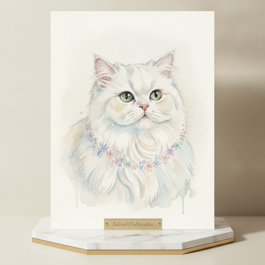 Soft watercolor custom portrait of a white cat