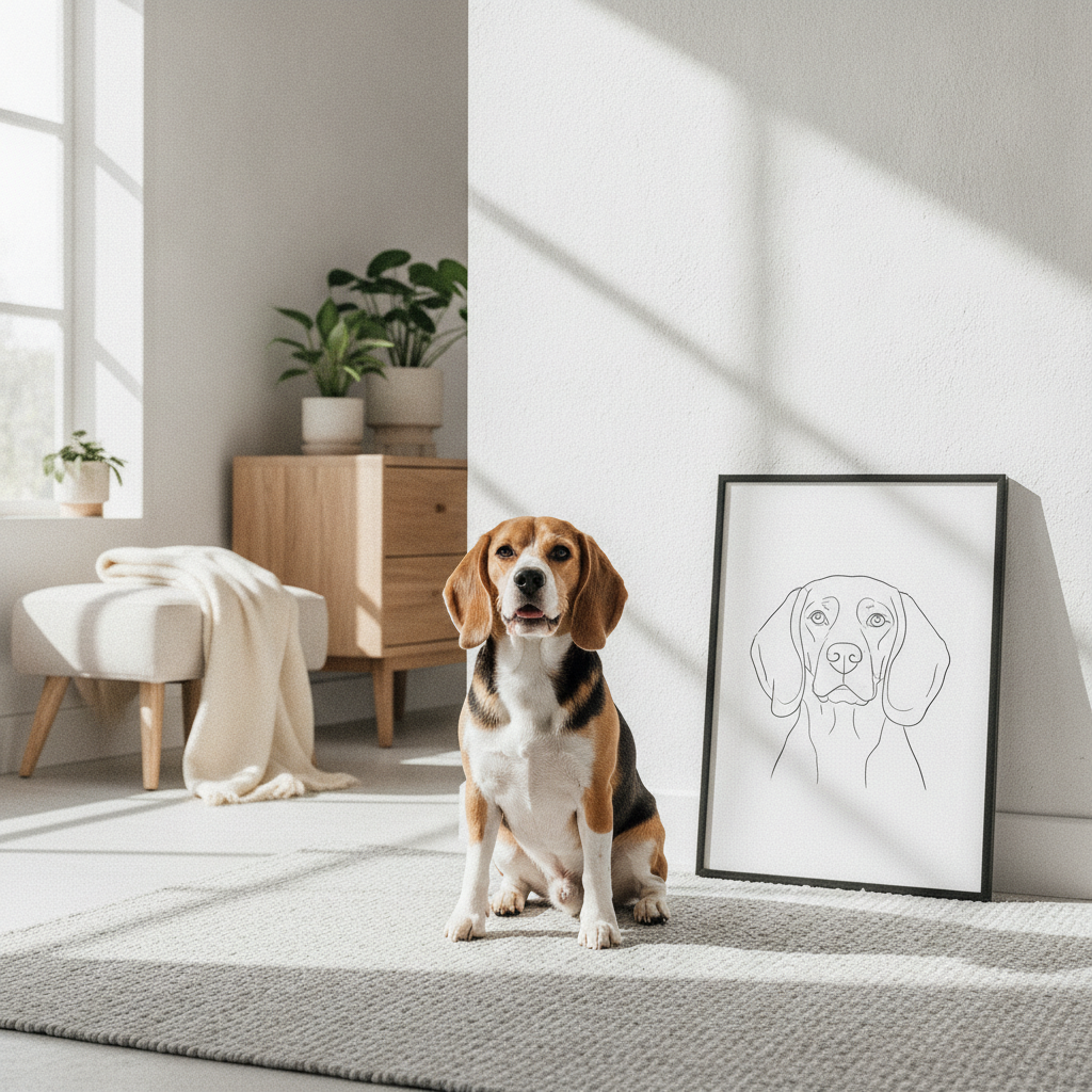 Your pet beside its hand-painted portrait