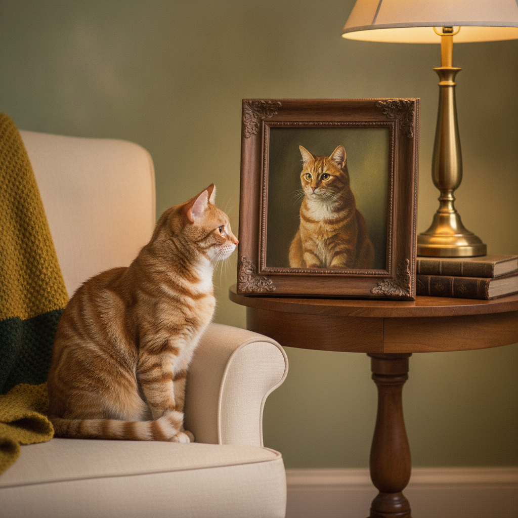 Your pet beside its hand-painted portrait