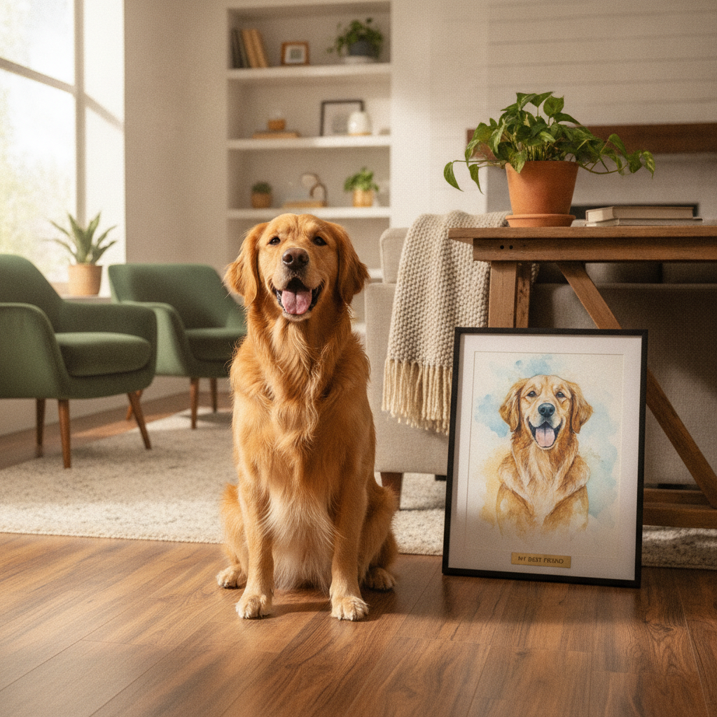 Your pet beside its hand-painted portrait